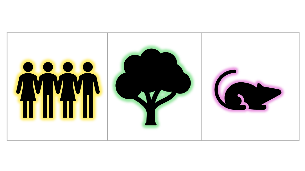 Image décorative présentant un groupe de 4 personnes, un arbre et une souris.