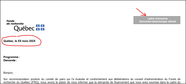 Image montrant que la date se trouve en haut à gauche sur un document intitulé "Lettre d'annonce"